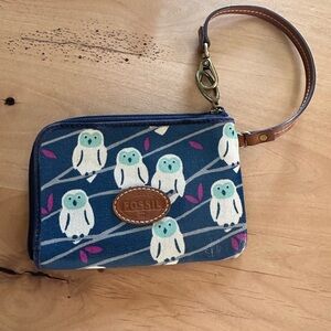 Snow Owl Whimsy Fairycore Half Zip PVC Coated Canvas Wristlet Wallet By Fossil